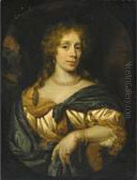 Portrait Of A Lady, Half Length,
 Wearing A White And Yellow Satin Dress With A Blue Shawl And Pearl 
Jewellery Oil Painting by Nicolaes Maes