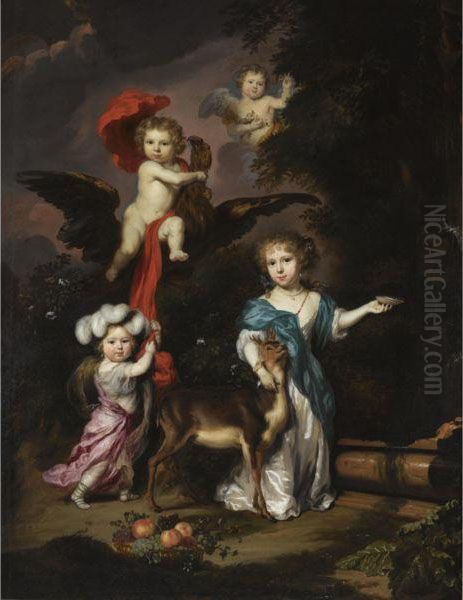 Pastoral Family Portrait Of Four
 Children, Personifying Mythological Figures, Including Ganymede, And 
Diana With A Deer, All In A Landscape Oil Painting by Nicolaes Maes