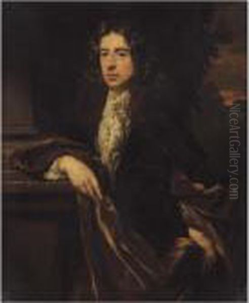 Portrait Of A Gentleman, 
Three-quarter Length, With A Hand On His Hip And The Other Resting On A 
Pedestal Oil Painting by Nicolaes Maes