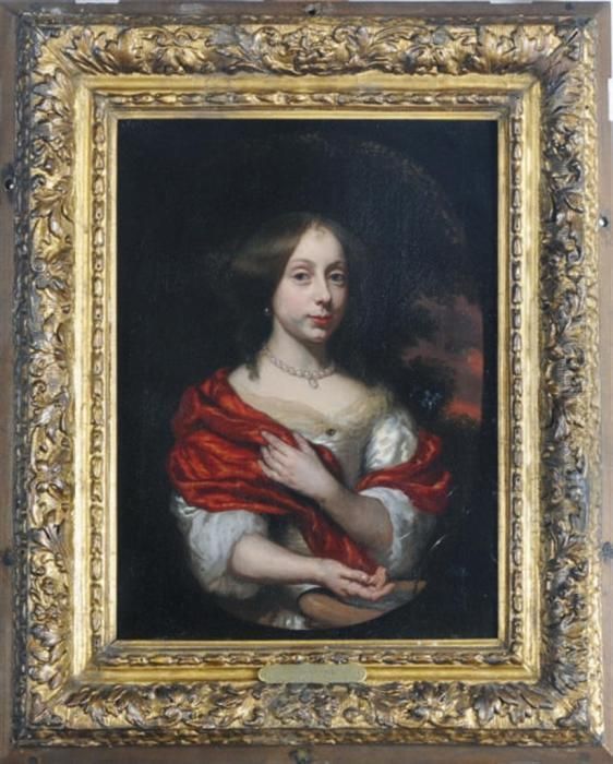 Portrait Of A Lady, Half Length, In A Painted Oval Oil Painting by Nicolaes Maes