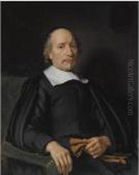 Portrait Of A Man, Seated 
Half-length, Wearing A Black Robe Witha White Flat Collar, Holding A 
Pair Of Gloves Oil Painting by Nicolaes Maes