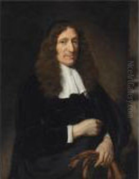 Portrait Of A Gentleman, 
Standing Three-quarter Length, Holding Apair Of Brown Gloves In His Left
 Hand Oil Painting by Nicolaes Maes