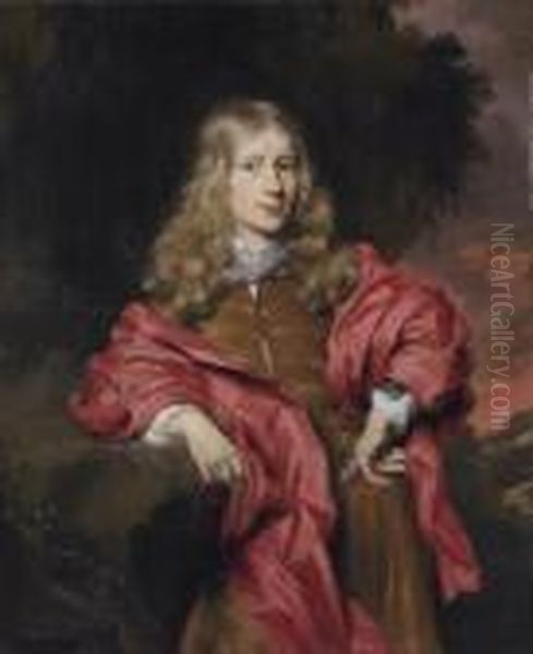 Portrait Of Gentlemen, 
Three-quarter Length, In A Brown Tunic With A Red Cloak In A Wooded 
Landscape, At Sunset Oil Painting by Nicolaes Maes