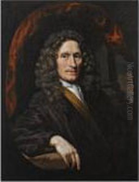 A Portrait Of A Gentleman, Half 
Length, Wearing A Brown Coat, With A White Scarf, In A Painted Oval Oil Painting by Nicolaes Maes