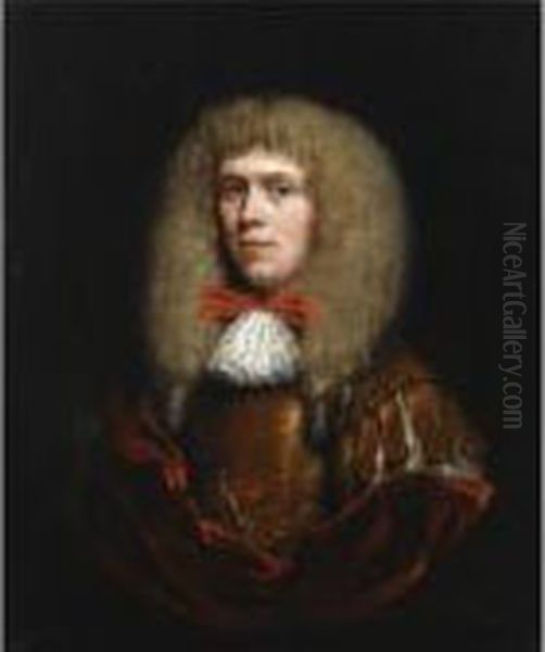 A Portrait Of A Gentleman, 
Wearing A Gold Coat, With A White Chemise And A Red Bow, With A Red 
Cloak, In A Painted Oval Oil Painting by Nicolaes Maes