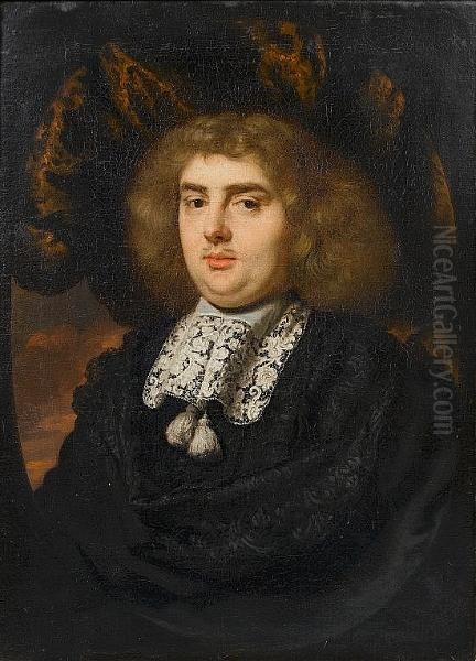 Portrait Of A Gentleman, 
Bust-length, In Black Costume With A White Lace Collar, In A Painted 
Oval Oil Painting by Nicolaes Maes