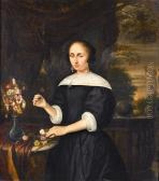 Portrait Of A Lady, Small 
Three-quarter-length, In A Black Dress With White Collar And Cuffs, 
Arranging Flowers At A Draped Ledge, On A Balcony Oil Painting by Nicolaes Maes