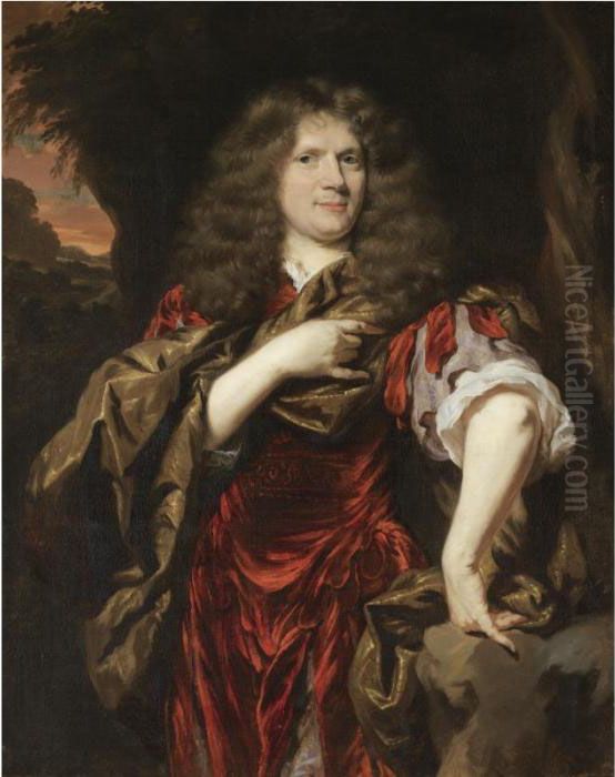 Portrait Of Laurence Hyde, 1st 
Earl Of Rochester (1641-1711), Three-quarter Length, Wearing A Red Tunic
 And Standing In A Landscape Oil Painting by Nicolaes Maes
