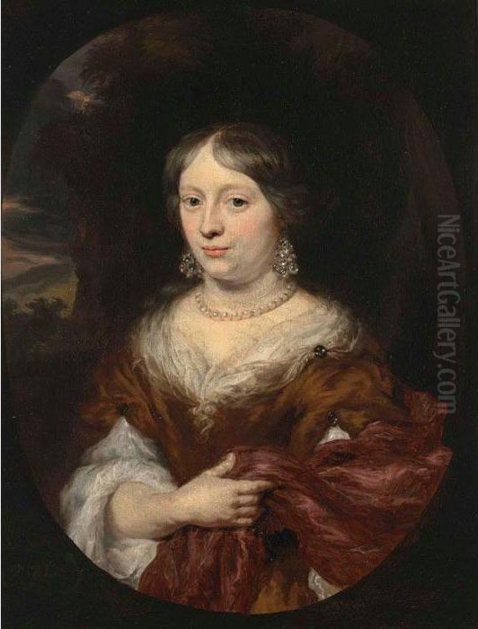 A Portrait Of A Lady, Half 
Length, Wearing An Orange And White Dress With A Red Shawl, And 
Elaborate Pearl Earrings And Necklace, Within A Painted Oval Oil Painting by Nicolaes Maes