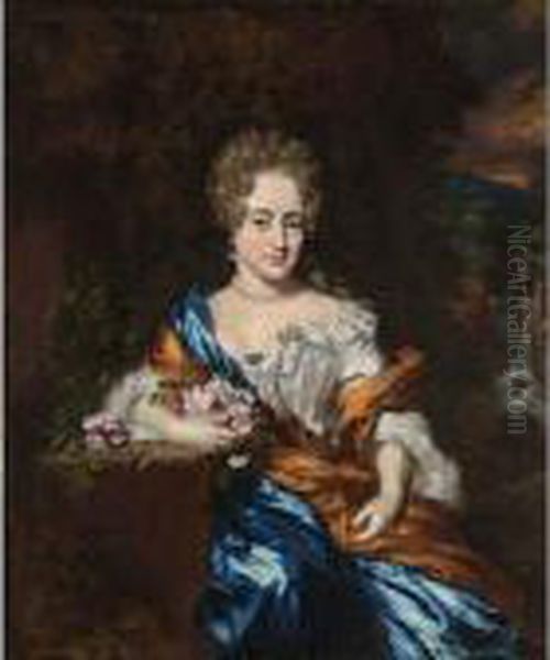 A Portrait Of A Lady, Seated 
Three-quarter Length, Wearing A Blue And White Dress With An Orange 
Shawl, Holding Flowers In Her Arm Near A Fountain, A Waterfall Beyond Oil Painting by Nicolaes Maes