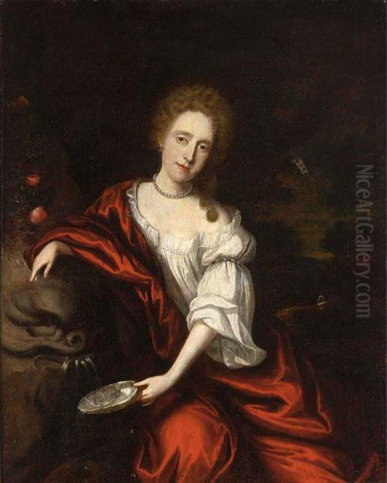An Elegant Lady Near A Fountain,
 Seated Three-quarter Length, Wearing A White Blouse, Red Satin Shawl 
And A Pearl Necklace Oil Painting by Nicolaes Maes