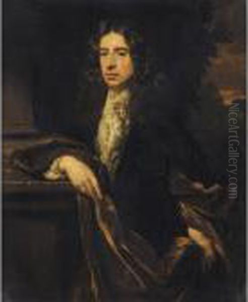 Gentleman Three-quarter Length 
With A Hand On His Hip And The Other Resting On A
 Pedestal Oil Painting by Nicolaes Maes