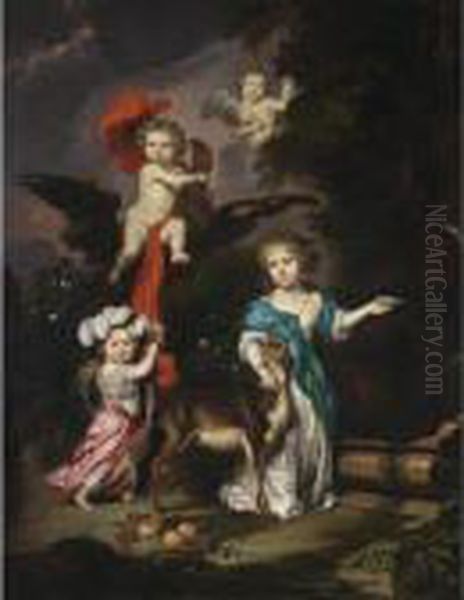 A Pastoral Family Portrait Of 
Four Children, Personifying Mythological Figures Including Ganymede And 
Diana With A Deer, All In A Landscape Setting Oil Painting by Nicolaes Maes