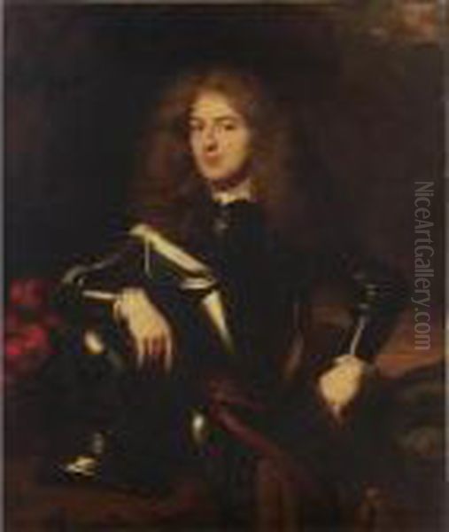 A Portrait Of Joseph Hieronymus 
Hoeufft (1657-1700) At The Age Of 22, Standing Three-quarter Length, 
Wearing Armour, In A Park Setting Oil Painting by Nicolaes Maes
