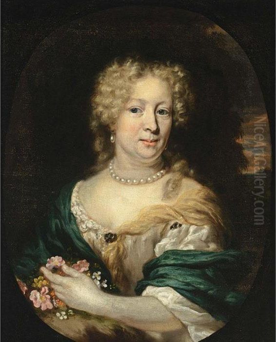 A Portrait Of A Lady, Bust 
Length, Wearing A White Satin Dress With A Green And Yellow Shawl, Pearl
 Necklace And Earrings And Holding Flowers In Her Left Hand, In A Park 
Landscape, In A Painted Oval Oil Painting by Nicolaes Maes