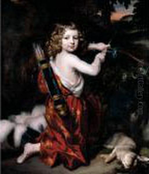 Portrait Of A Young Boy In 
Classical Costume, Holding A Bow And Arrow, With A Rabbit, In A Woodland
 Setting Oil Painting by Nicolaes Maes