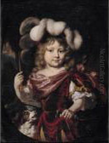 Portrait Of A Young Boy, Three 
Quarter Length, Wearing Classical Costume, Holding A Bow And Arrow, 
Accompanied By A Spaniel Oil Painting by Nicolaes Maes