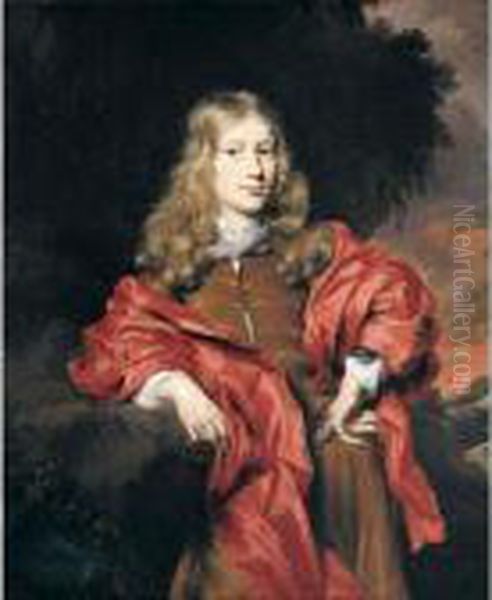 Portrait Of A Gentleman, 
Three-quarter Length, Wearing A Brown Tunic And A Red Cloak, In A Wooded
 Landscape At Sunset Oil Painting by Nicolaes Maes