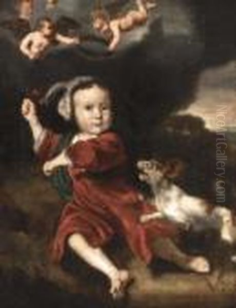 Portrait Of A Boy, Full-length, 
In Red Dress And Holding Two Cherries, With A Dog In A Landscape Oil Painting by Nicolaes Maes