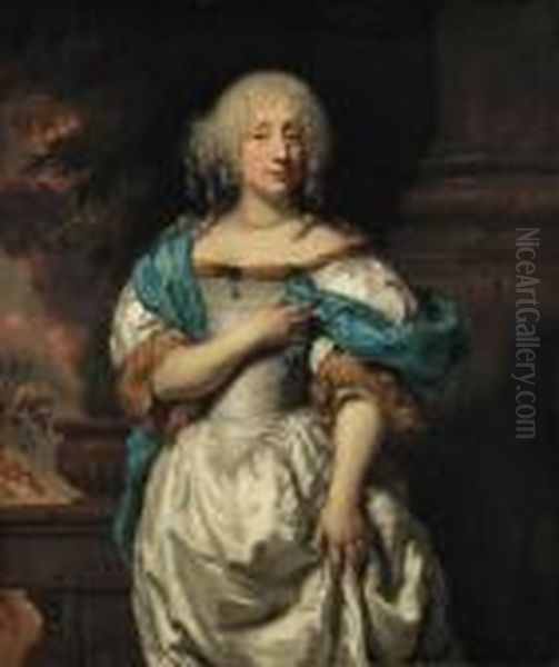 Portrait Of A Lady, 
Three-quarter-length, In A White Dress And Ablue Shawl, On A Terrace, A 
Wooded Landscape Beyond Oil Painting by Nicolaes Maes