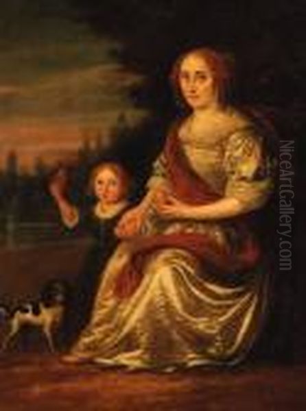 Portrait Of A Lady, Full-length,
 In A White Dress And A Red Wrap,with Her Son And A Spaniel At Her Side,
 Seated In A Landscape Oil Painting by Nicolaes Maes