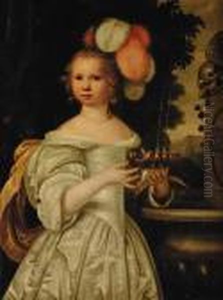 Portrait Of A Girl, 
Three-quarter-length, In A White Dress Andfeathered Headdress, Standing 
By A Fountain Oil Painting by Nicolaes Maes