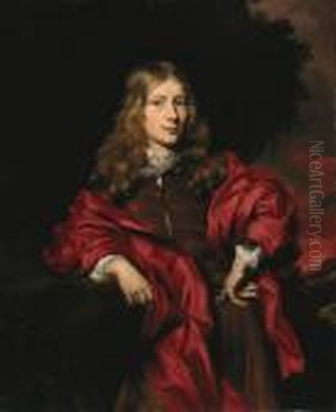 Portrait Of A Gentleman, Small 
Three-quarter-length, In A Browntunic With A Red Cloak In A Wooded 
Landsape At Sunset Oil Painting by Nicolaes Maes