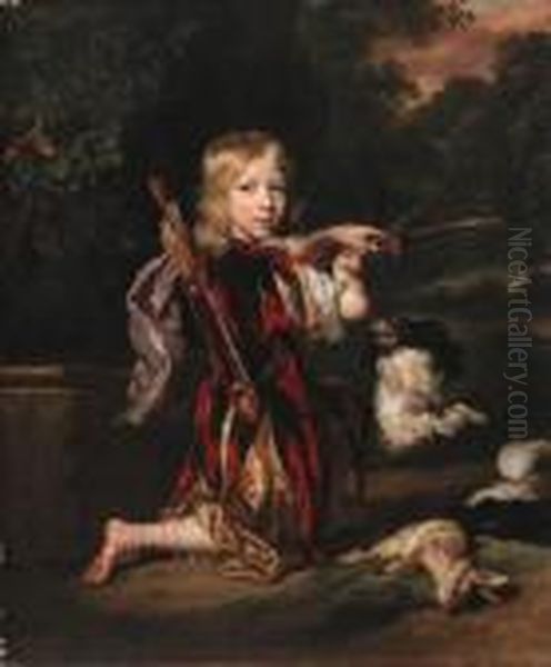 Portrait Of A Youth, Small 
Full-length Kneeling, In Classical Stylecostume, Drawing A Bow, A Dead 
Rabbit Beside Him, With A Spaniel,in A Wooded Landscape Oil Painting by Nicolaes Maes