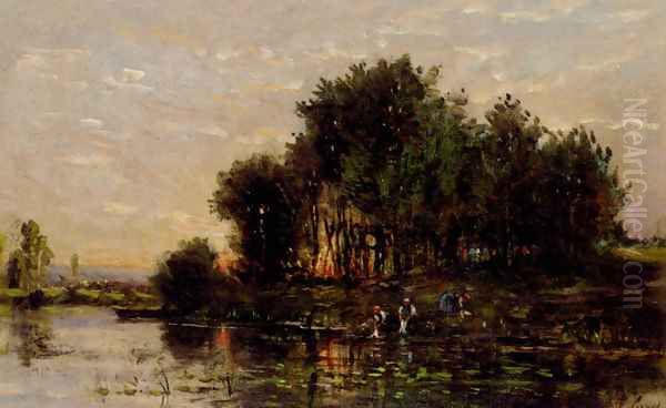 Washerwomen at dsuk Oil Painting by Henri Francois Perret