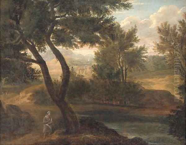 A river landscape with a figure in the foreground, a fortified town beyond Oil Painting by Gaspard Dughet