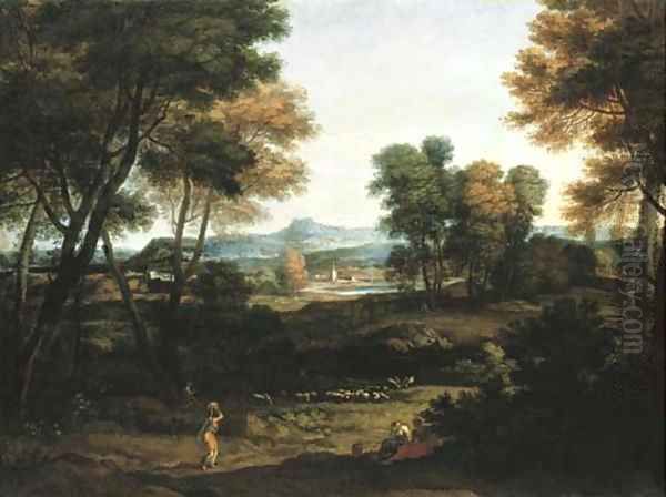 An Italianate landscape with washerwomen and a shepherd and a church spire beyond Oil Painting by Gaspard Dughet
