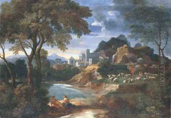 An Italianate river landscape with a villa and shepherds resting with their flock by a pond Oil Painting by Gaspard Dughet