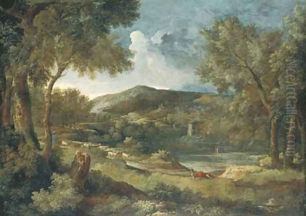 An Italianate river landscape with a shepherd and his flock Oil Painting by Gaspard Dughet