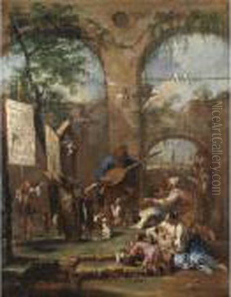 An Architectural Capriccio With A
 Musician And Peasants Before A Portable Altar With Saint Anthony Of 
Padua Oil Painting by Alessandro Magnasco