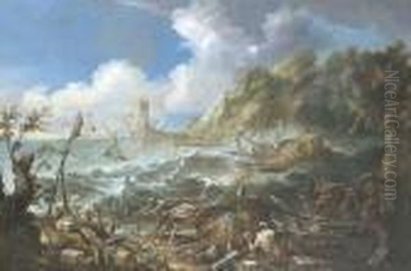 Costa Mediterranea Con Un Borgo 
Portuale, Il Mare In Tempesta, Pescatori In Primo Piano Ed Un Cetaceo In
 Lontananza Oil Painting by Alessandro Magnasco