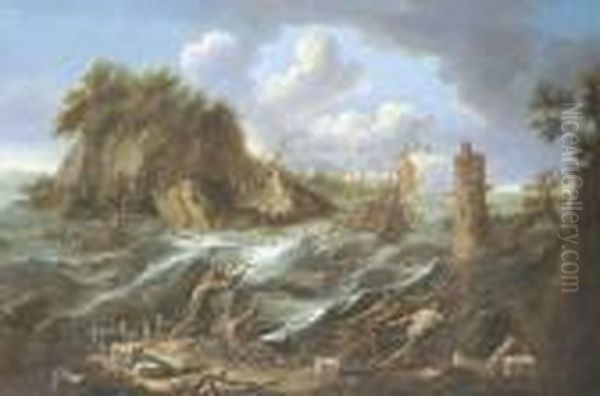 Burrasca Presso Una Costa 
Mediterranea, Con Due Frati Francescani E Due Astanti, E Le Rovine Di Un
 Faro Oil Painting by Alessandro Magnasco