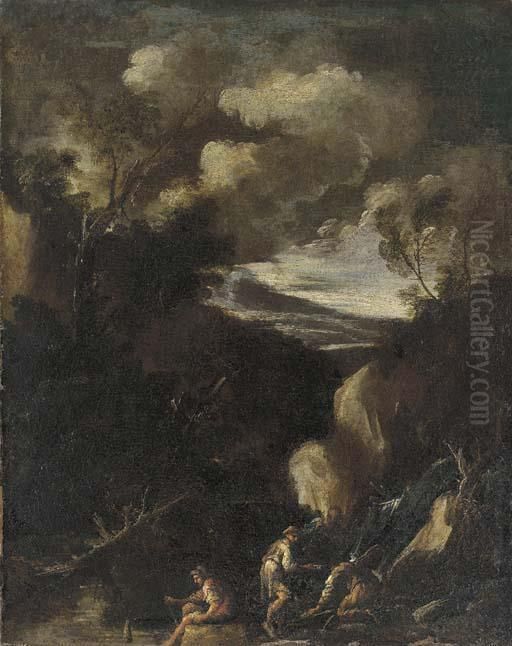A Wooded Landscape With Figures Seated By A Waterfall Oil Painting by Alessandro Magnasco