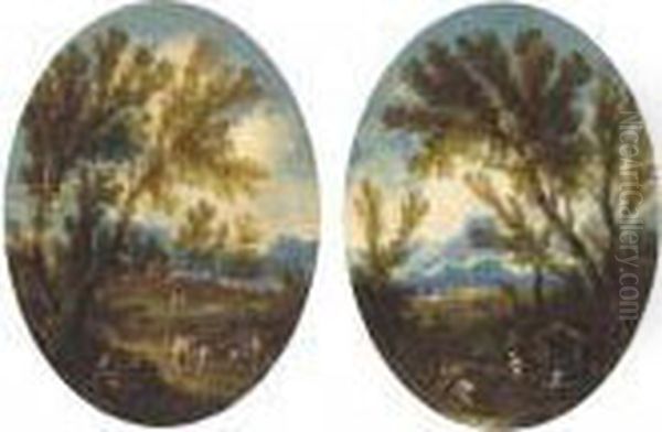 A Wooded Landscape With Peasants
 On A Track; And A Mountainous Landscape With Peasants At A Shrine Oil Painting by Alessandro Magnasco