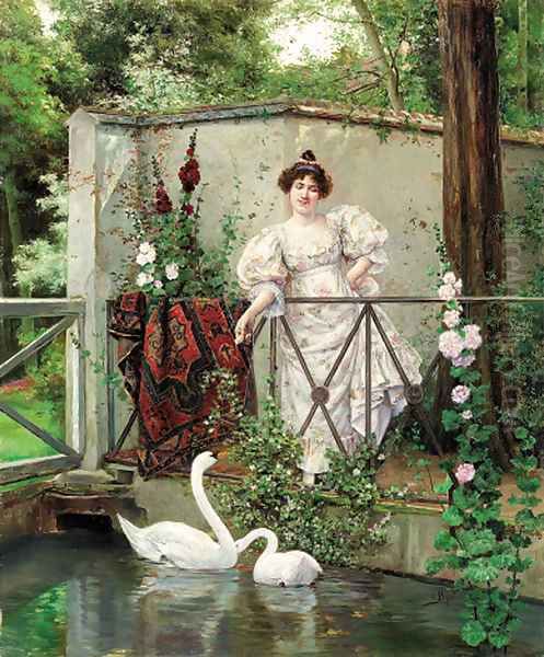 Feeding the swans Oil Painting by Clement Pujol de Gustavino