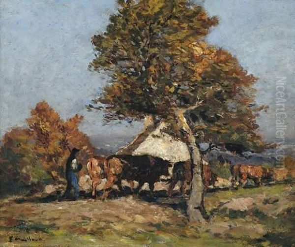 Paysan Suivant Son Troupeau De Vaches Oil Painting by Fernand Maillaud