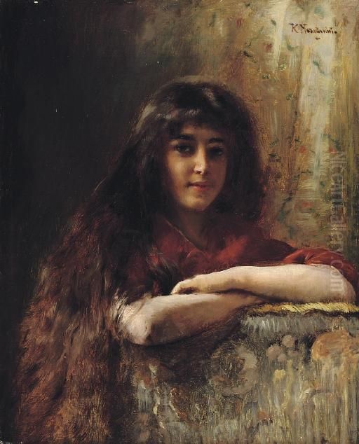Portrait Of A Young Girl Oil Painting by Konstantin Egorovich Egorovich Makovsky