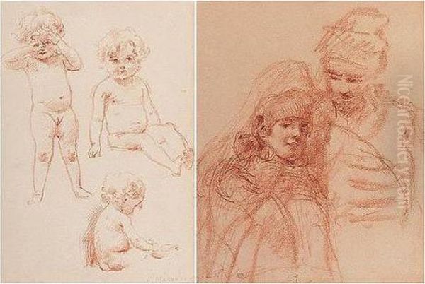 A Pair Of Sanguine Studies 
Depicting A Boyarina And Companion And Three Images Of A Naked Baby Girl Oil Painting by Konstantin Egorovich Egorovich Makovsky