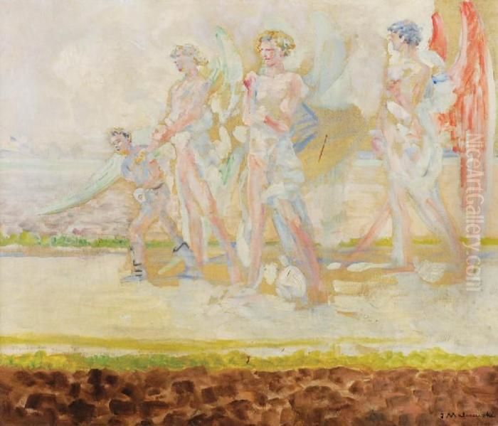 Tobiasz I Anioly - Szkic Do Kompozycji Oil Painting by Jacek Malczewski