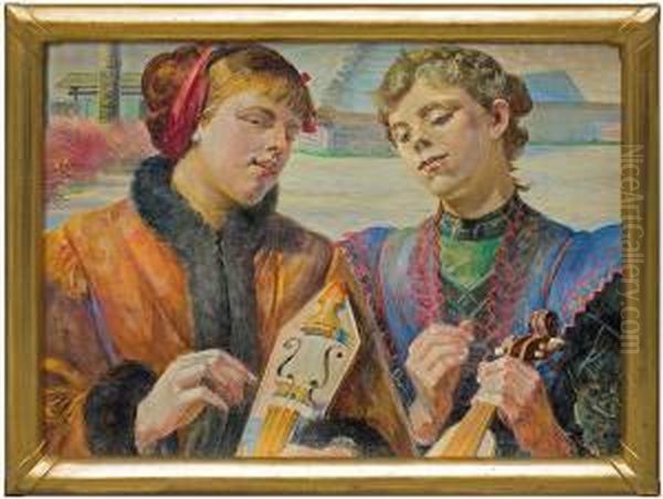 Girls With Fiddles Oil Painting by Jacek Malczewski