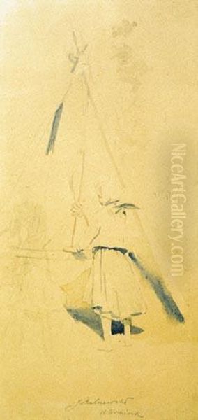 Szkic - Dziewczyna Przy Studni, Lata Osiemdziesiate Xix Wieku Oil Painting by Jacek Malczewski