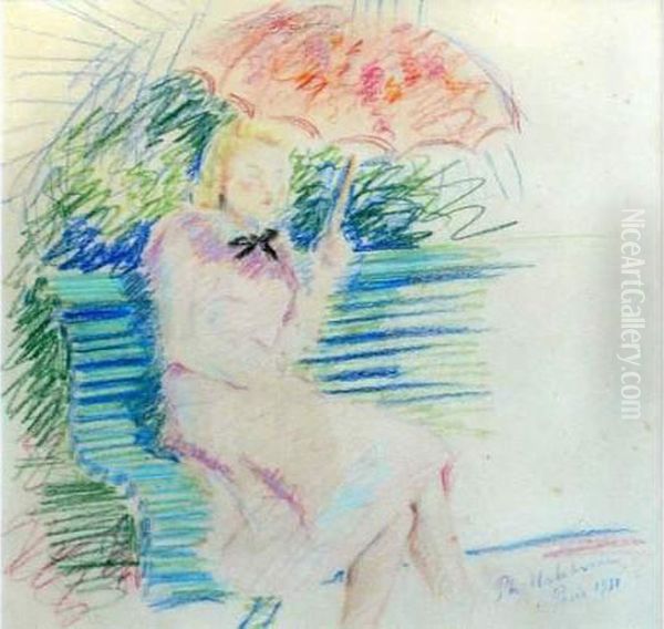 Scene Parisienne, Elegante Dans 
Le Parc Monceau Pres De L'eglise Orthodoxe Alexandre Nevski Rue Daru. Oil Painting by Philippe Andreevitch Maliavine