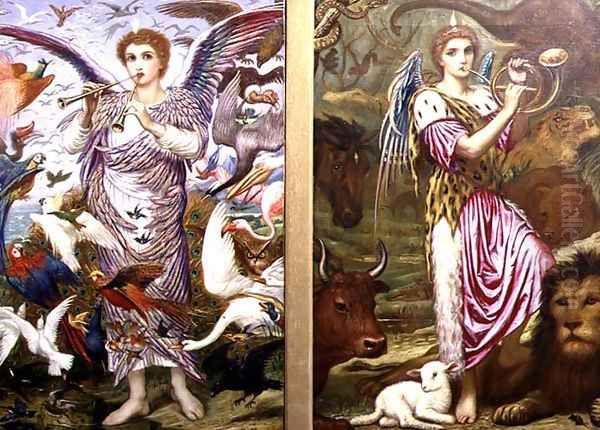 Benedicite No.4 O all ye fowls of the air left panel and Benedicite No.5 O ye beasts and cattle right panel, 1899 Oil Painting by Edward A. Fellowes Prynne