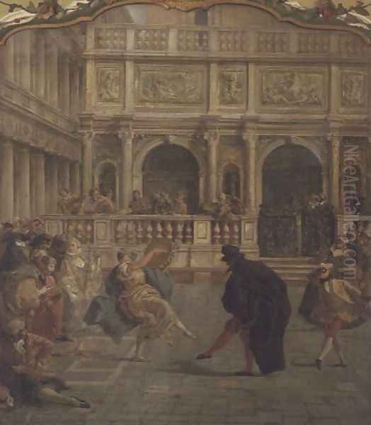Masked Figures Dancing in front of the Loggetta Oil Painting by V. Ponga