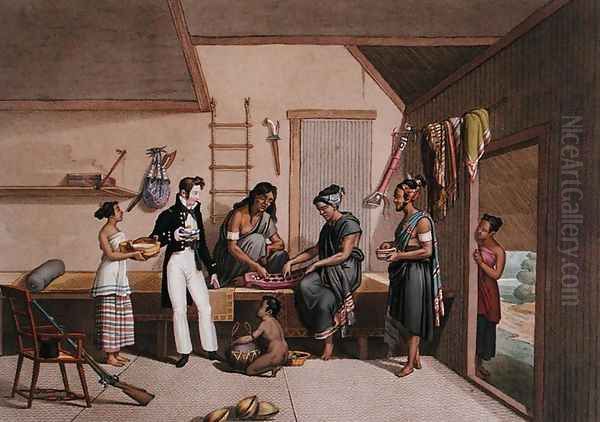 Interior of a House in Coupang, Timor, from Voyage Autour du Monde sur les Corvettes de LUranie 1817-20, engraved by Lerouge and Forget, published 1825 Oil Painting by Alphonse Pellion