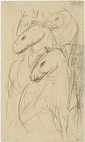 Der Turm Der Blauen Pferde (the Tower Of Blue Horses) Oil Painting by Franz Marc